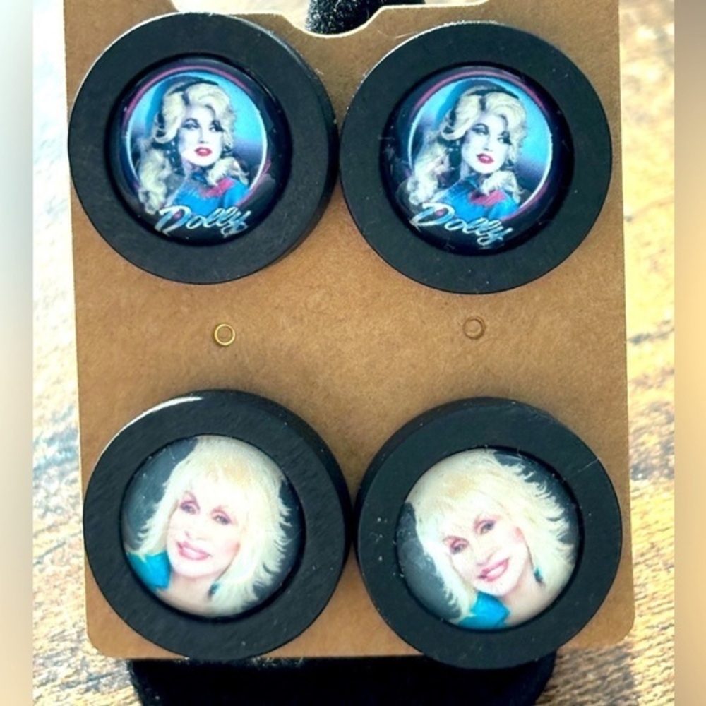 2 Pairs Dolly Parton Wood Stud Earrings, NWT, Unworn, Handmade